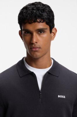Cotton zip-neck sweater with contrast logo, Dark Blue