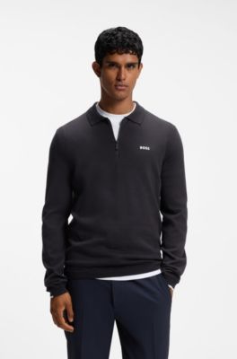 Cotton zip-neck sweater with contrast logo, Dark Blue