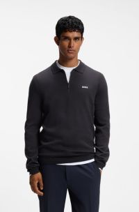 Pull en coton &agrave; encolure zipp&eacute;e avec logo contrastant, Bleu fonc&eacute;