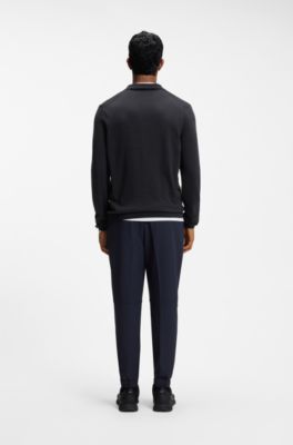 Cotton zip-neck sweater with contrast logo, Dark Blue