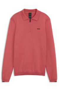 Cotton zip-neck sweater with contrast logo, Coral
