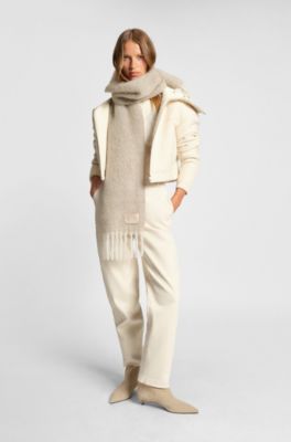 Italian-made fringed scarf with wool and alpaca, Light Beige