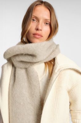 Italian-made fringed scarf with wool and alpaca, Light Beige