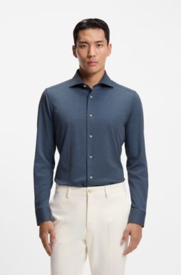 Chemise Slim en coton m&eacute;lang&eacute; italien, Bleu