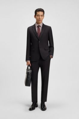 Two-piece slim-fit suit in patterned virgin wool, Dark Red
