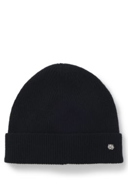 Cashmere beanie hat with logo trim, Black