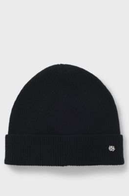 Cashmere beanie hat with logo trim, Black