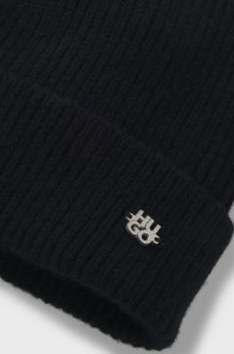 Cashmere beanie hat with logo trim, Black