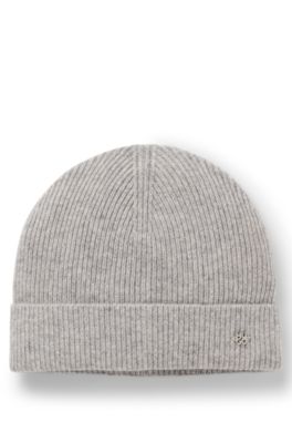 Cashmere beanie hat with logo trim, Silver