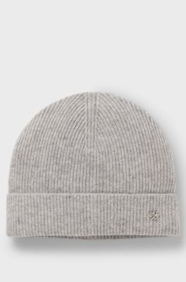 Cashmere beanie hat with logo trim, Silver