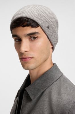 Cashmere beanie hat with logo trim, Silver
