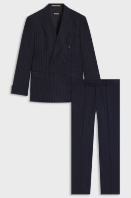 Two-piece slim-fit suit in striped virgin wool, Dark Blue
