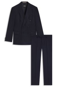 Traje slim fit de dos piezas en lana virgen a rayas, Azul oscuro
