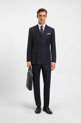 Two-piece slim-fit suit in striped virgin wool, Dark Blue