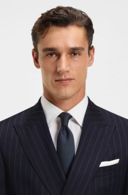 Costume deux pi&egrave;ces Slim en laine vierge &agrave; rayures, Bleu fonc&eacute;