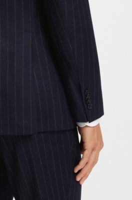 Costume deux pi&egrave;ces Slim en laine vierge &agrave; rayures, Bleu fonc&eacute;