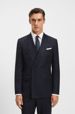 Two-piece slim-fit suit in striped virgin wool, Dark Blue