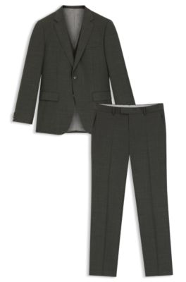 Three-piece slim-fit suit in patterned stretch wool, Light Brown