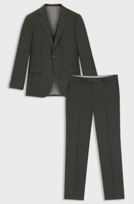 Three-piece slim-fit suit in patterned stretch wool, Light Brown