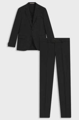Three-piece slim-fit suit in patterned virgin wool, Black
