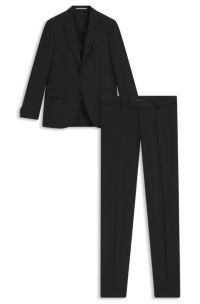 Traje slim fit con chaleco en lana virgen estampada, Negro