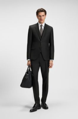 Three-piece slim-fit suit in patterned virgin wool, Black