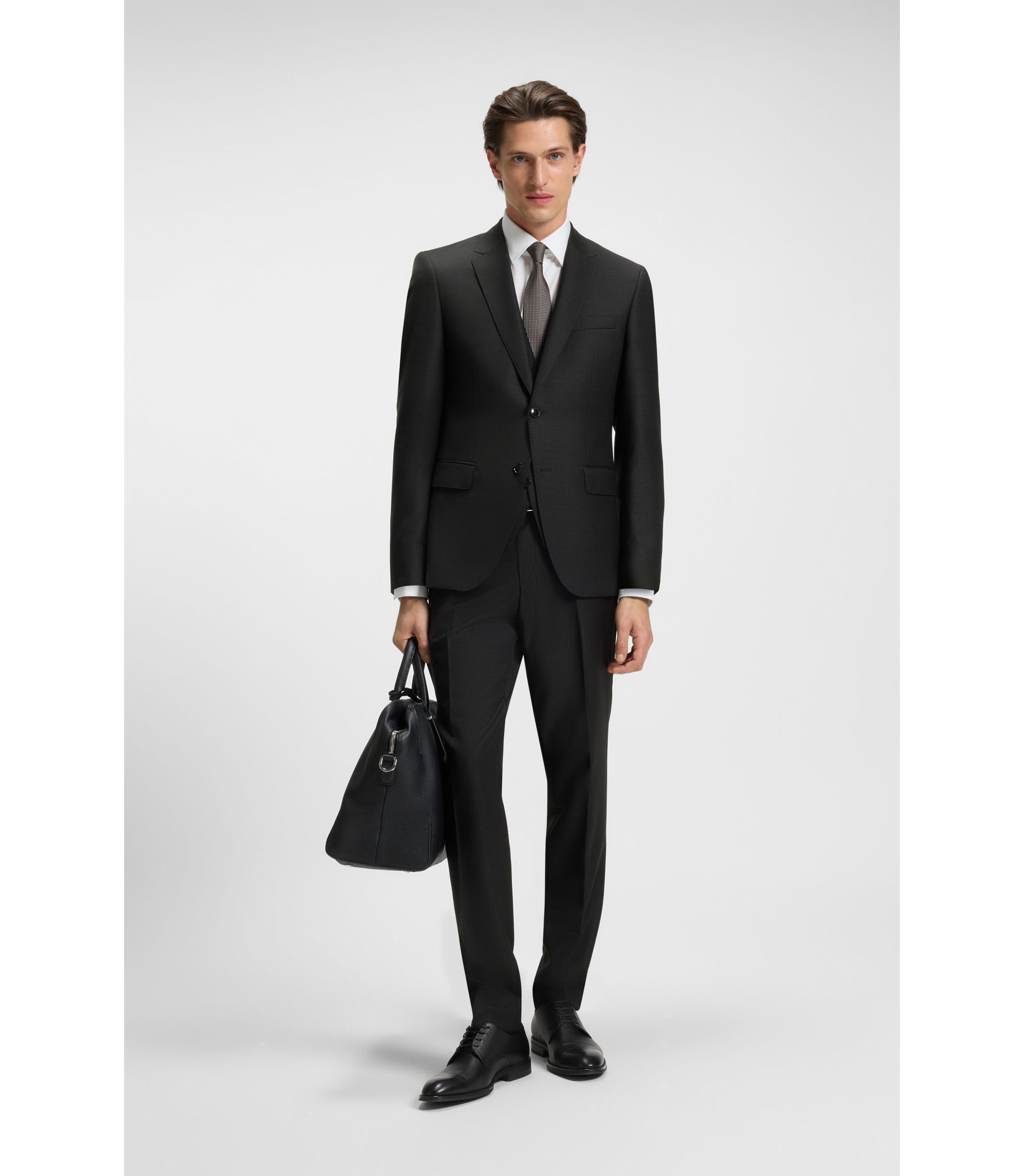 HUGO BOSS ブラックスーツ BOSS - Three-piece slim-fit suit in patterned virgin wool - Black