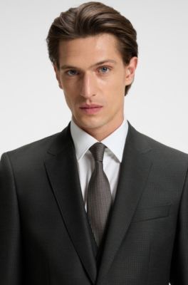 Three-piece slim-fit suit in patterned virgin wool, Black