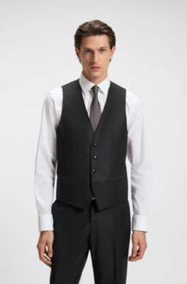 Three-piece slim-fit suit in patterned virgin wool, Black
