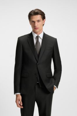 Three-piece slim-fit suit in patterned virgin wool, Black