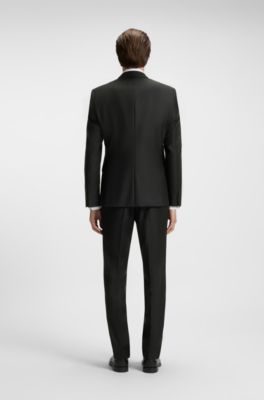 Three-piece slim-fit suit in patterned virgin wool, Black