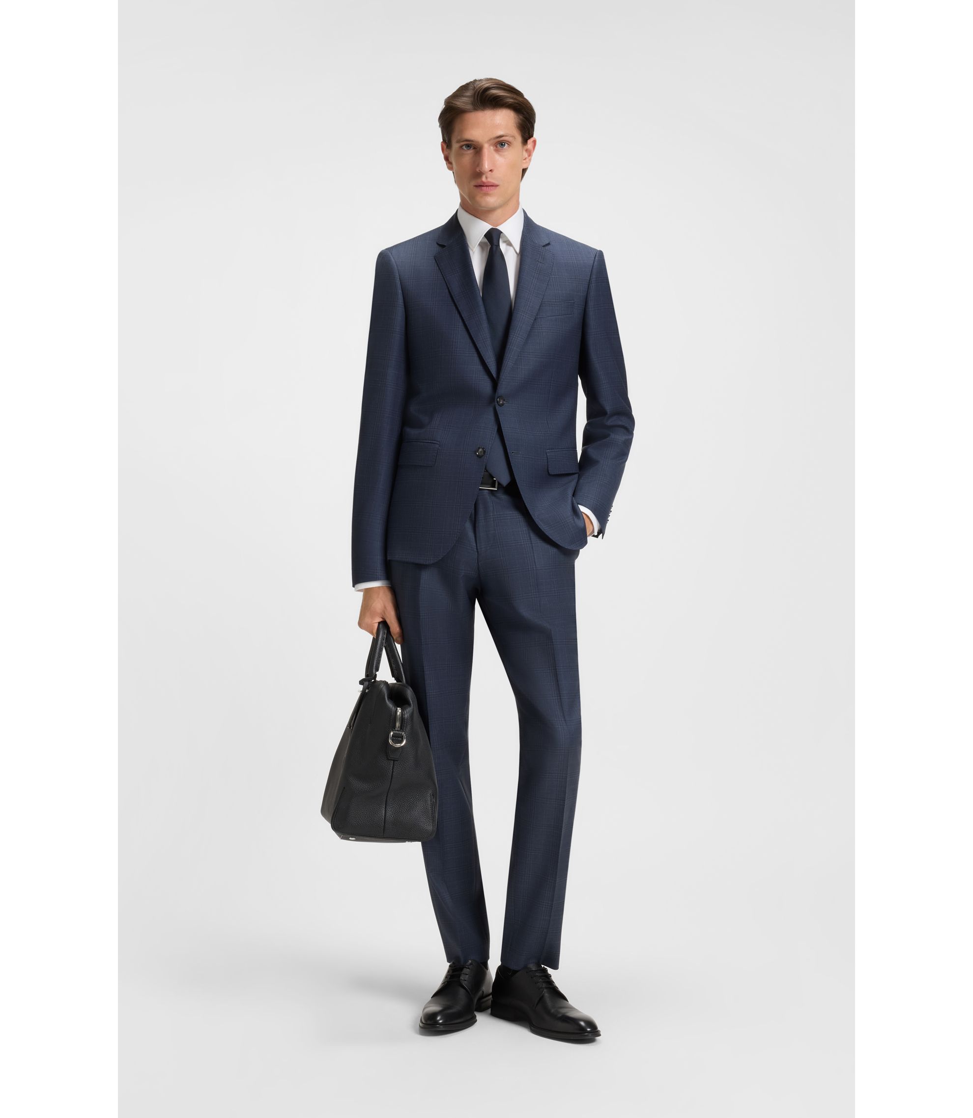 BOSS - Two-piece slim-fit suit in checked virgin wool - Dark Blue