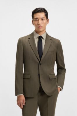 Two-piece slim-fit suit in a herringbone wool blend, Brown