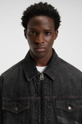 HUGO x RB black-denim jacket with lasered pattern, Black