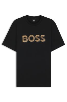 HUGO BOSS｜ (Logo T-Shirt (50519368-334)) HUGO - Oversize-fit shirt in geometric-logo jacquard - Black