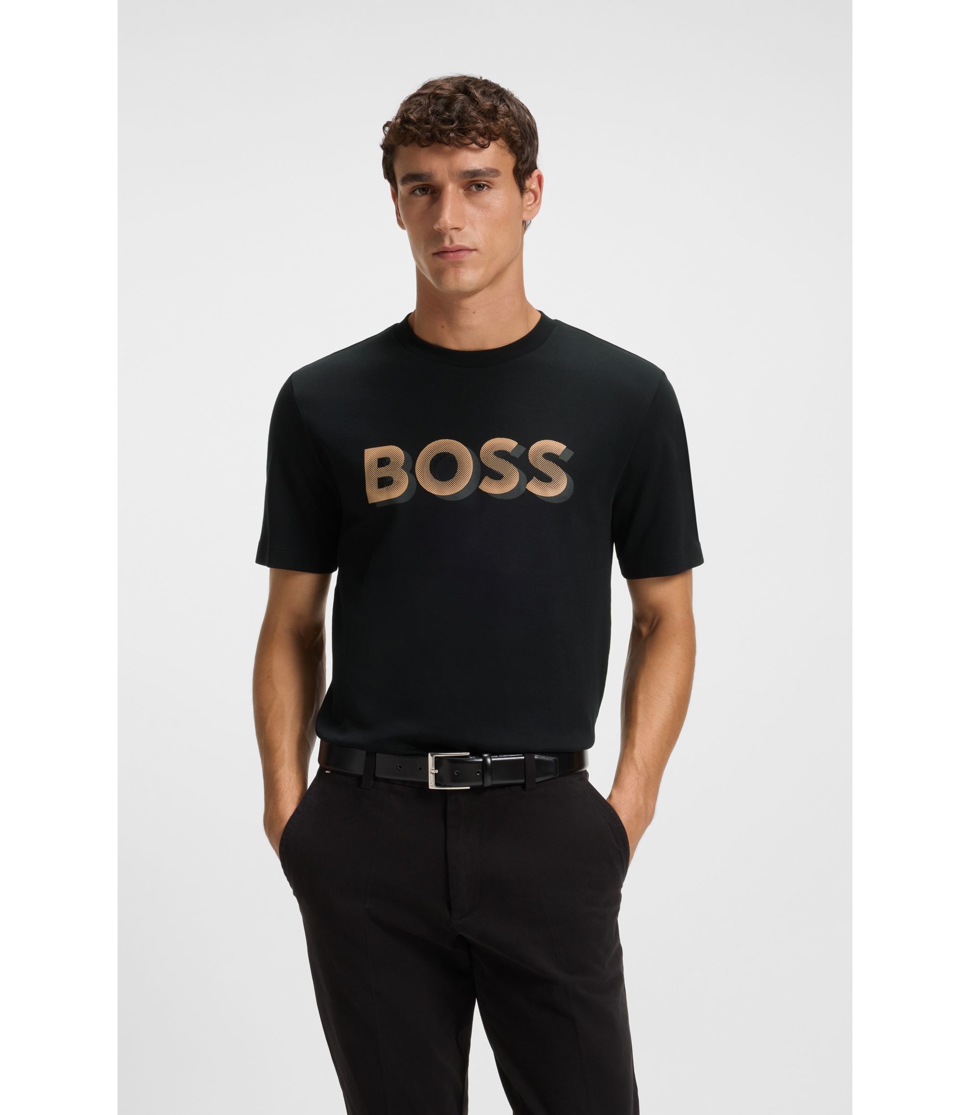BOSS - Mercerised-cotton T-shirt with logo artwork - Black