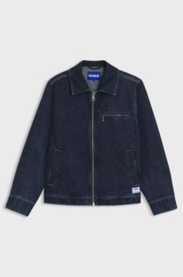 Veste zipp&eacute;e en denim bleu avec poche-poitrine, Bleu fonc&eacute;