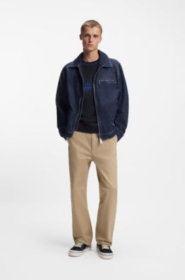 Veste zipp&eacute;e en denim bleu avec poche-poitrine, Bleu fonc&eacute;