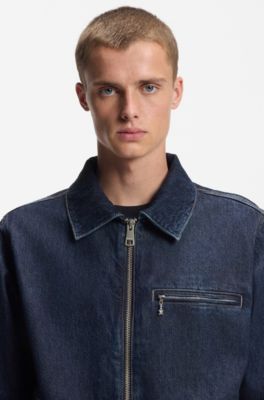 Veste zipp&eacute;e en denim bleu avec poche-poitrine, Bleu fonc&eacute;