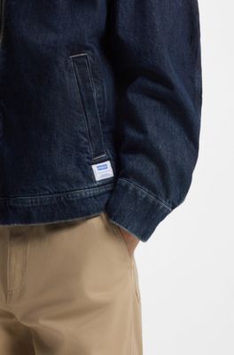 Veste zipp&eacute;e en denim bleu avec poche-poitrine, Bleu fonc&eacute;