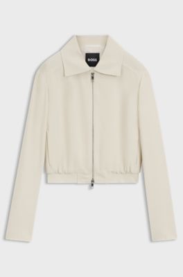 Regular-fit zip-up jacket in crepe fabric, Natural