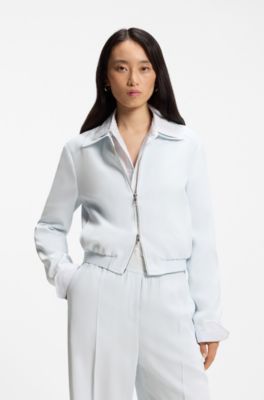 Regular-fit zip-up jacket in crepe fabric, Light Blue