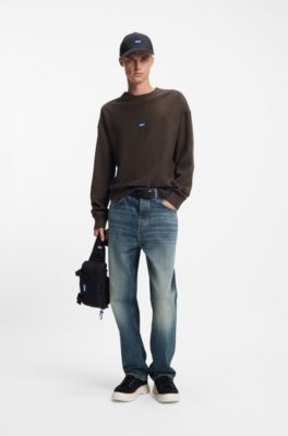Jeans baggy fit in denim blu a filo irregolare, Blu scuro