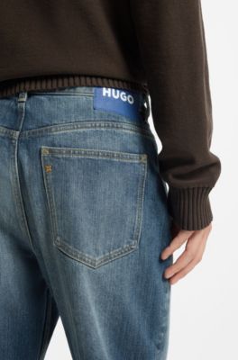 Jeans baggy fit in denim blu a filo irregolare, Blu scuro