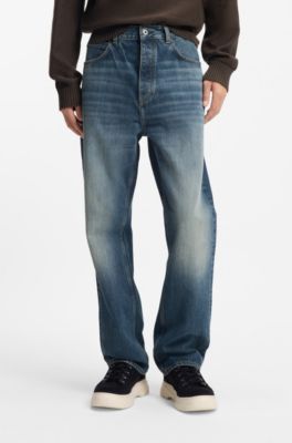 Jeans baggy fit in denim blu a filo irregolare, Blu scuro