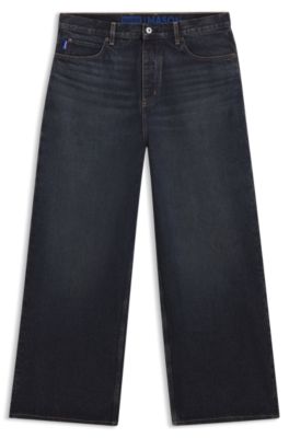 블루 빈티지 워시 데님 배기 핏 진, 다크 블루