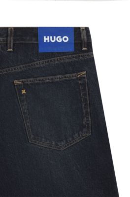 블루 빈티지 워시 데님 배기 핏 진, 다크 블루