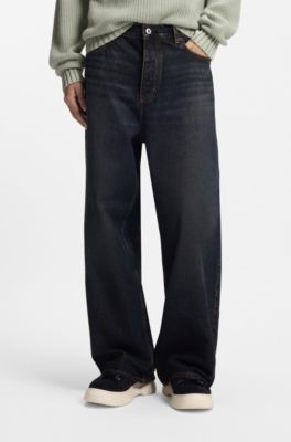 Jean Baggy en denim bleu d&eacute;lav&eacute; vintage, Bleu fonc&eacute;