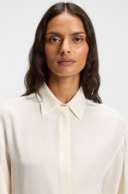 Relaxed-fit blouse in sand-washed silk, Natural