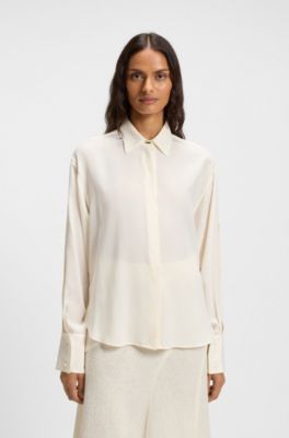 Relaxed-fit blouse in sand-washed silk, Natural